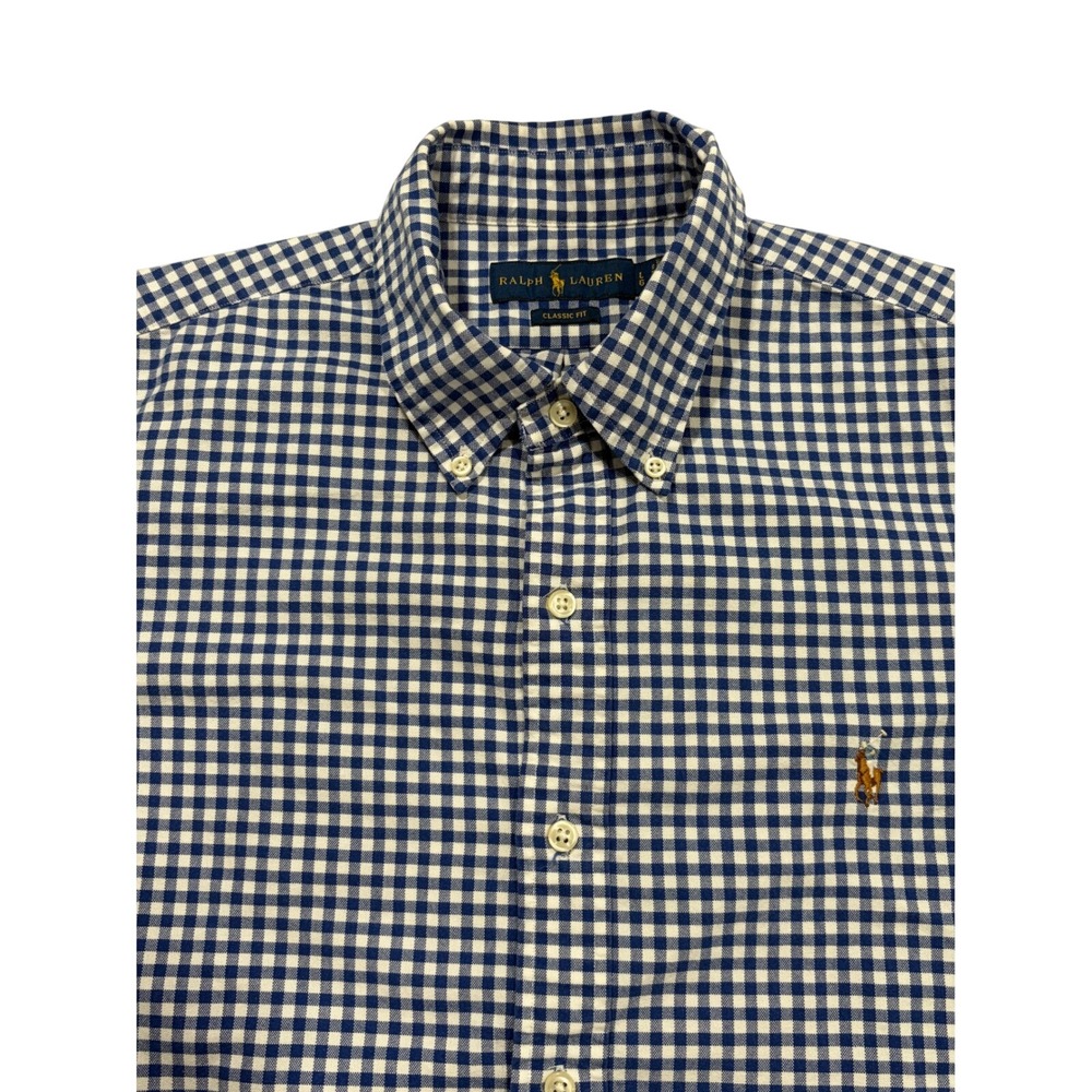 Ralph Lauren Mens Gingham Button Down Shirt Classic Fit  Flesh Pony Large Blue